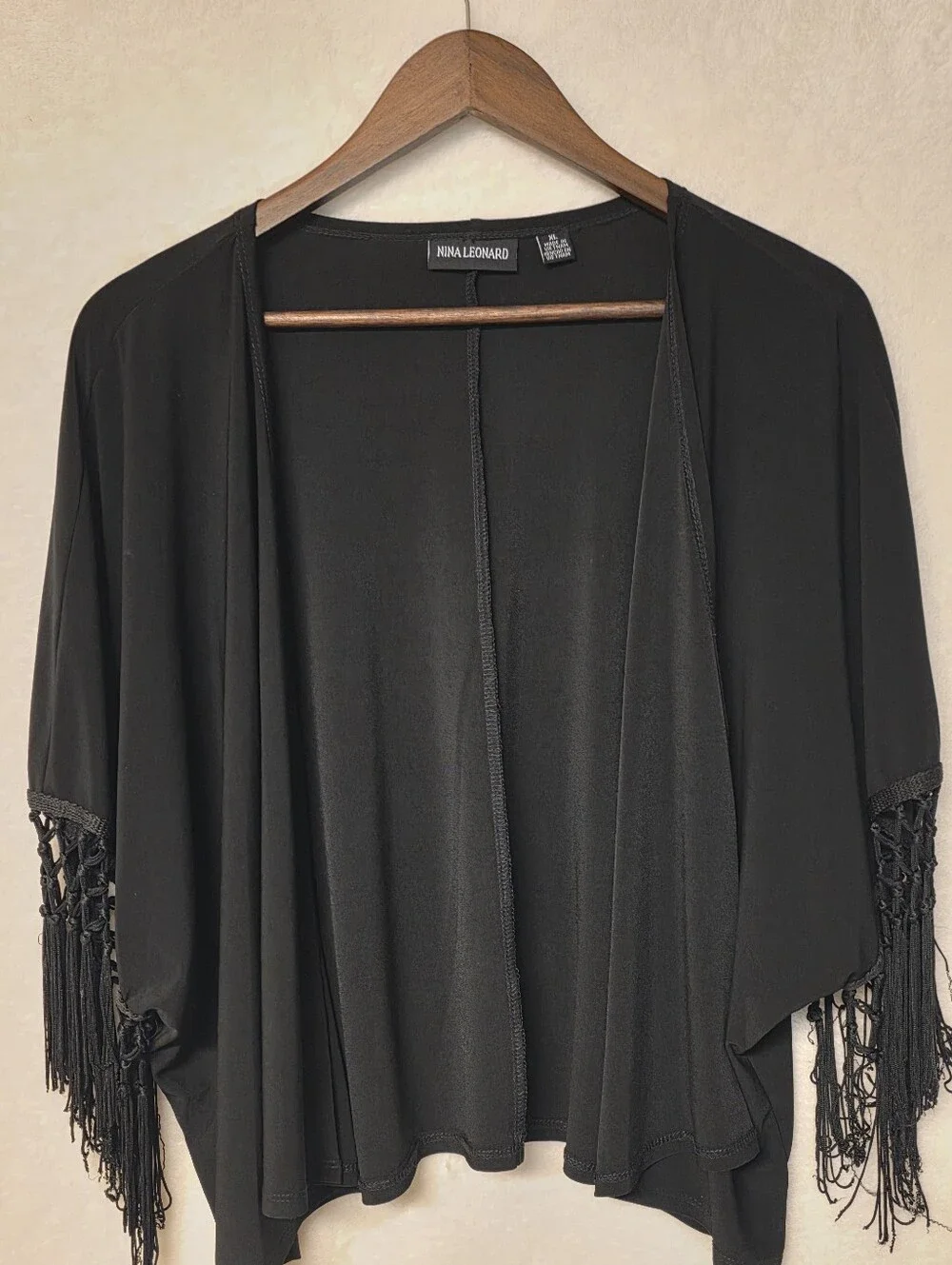 Nina Leonard Black Open-Front Fringe Sleeves Lightweight Shrug Size XL.